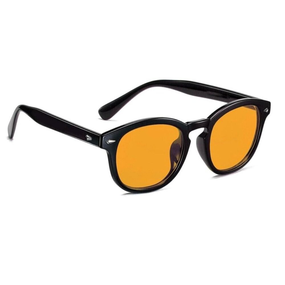 Men Women Trendy Orange Lens Black Frame Circle Beach Shades Round Sunglasses